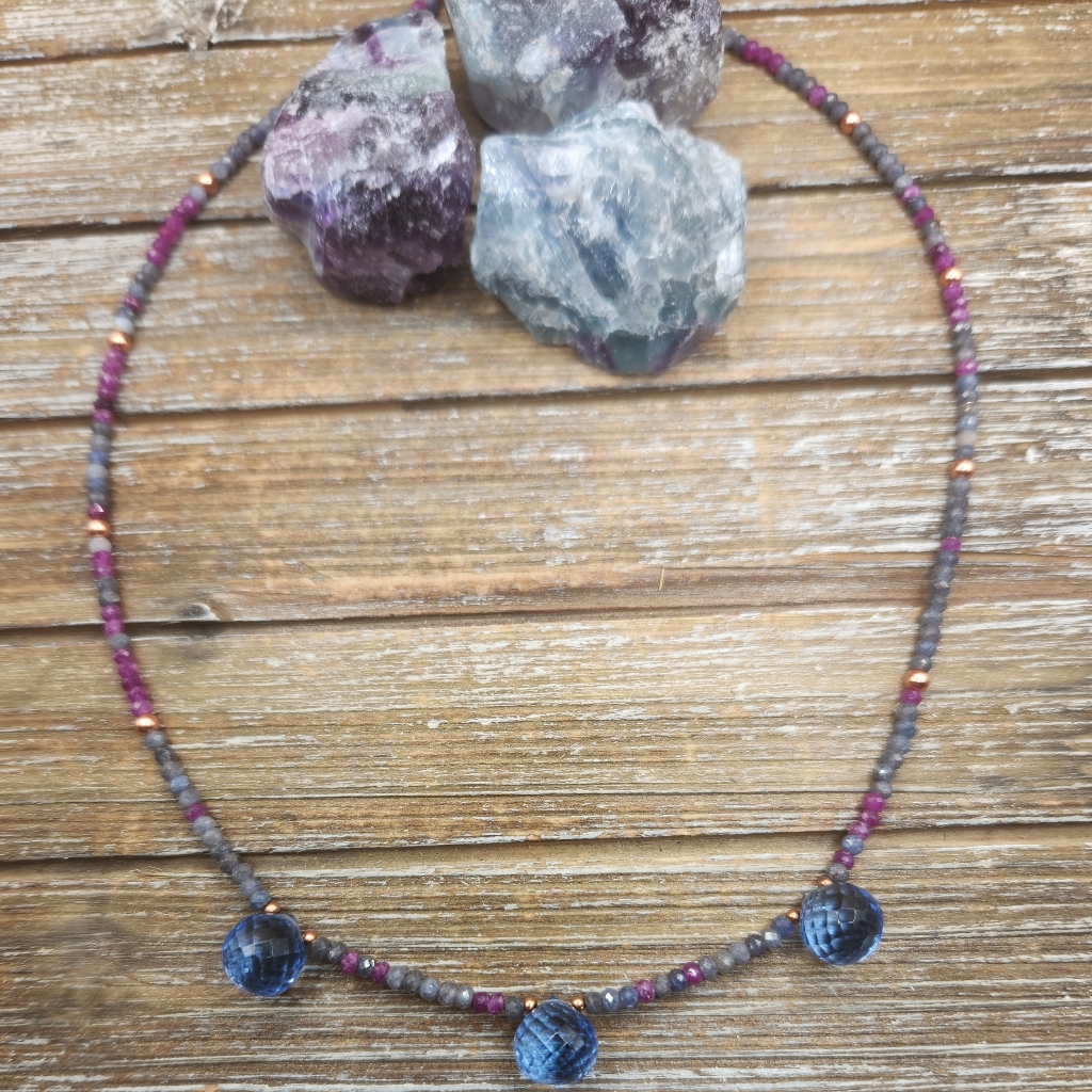 Saphire, Ruby, Topaz And Copper Beaded Necklace